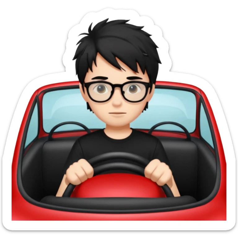 generate a pretty bratz fair skinned boy with black messy hair wearing a black tshirt driving a red car. Glasses on.  sticker