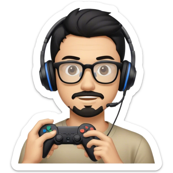 Muchacho guapo con cabello negro con lentes con barba de candado con audífonos jugando playstation  sticker