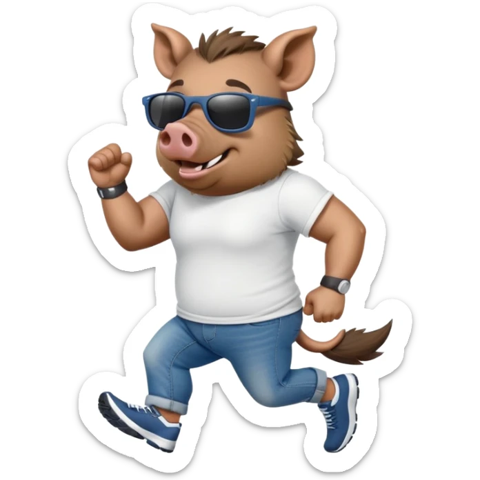 friendly anthropomorphised boar in jeans and a t-shirt, wearing dark sunglasses, jogging upright, standard pose sticker