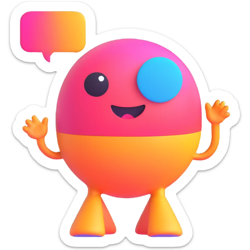 Retro game mascot — like a Tamagotchi-style AI creature, round and colorful with a speech bubble. sticker