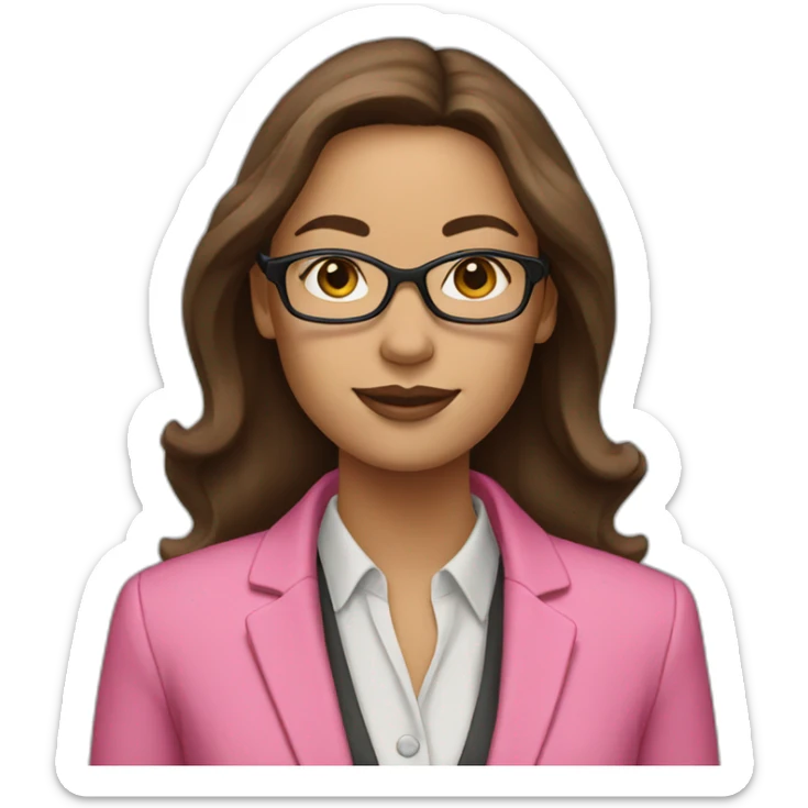 Woman with glasses and long brown hair dressed with a pink blazer sticker