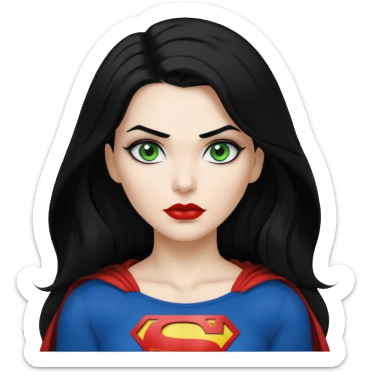 Black haired woman, green eyes, black lipstick, white skin, black t shirt, sharp face, long hair, feminine, Devine, superman logo on t shirt sticker
