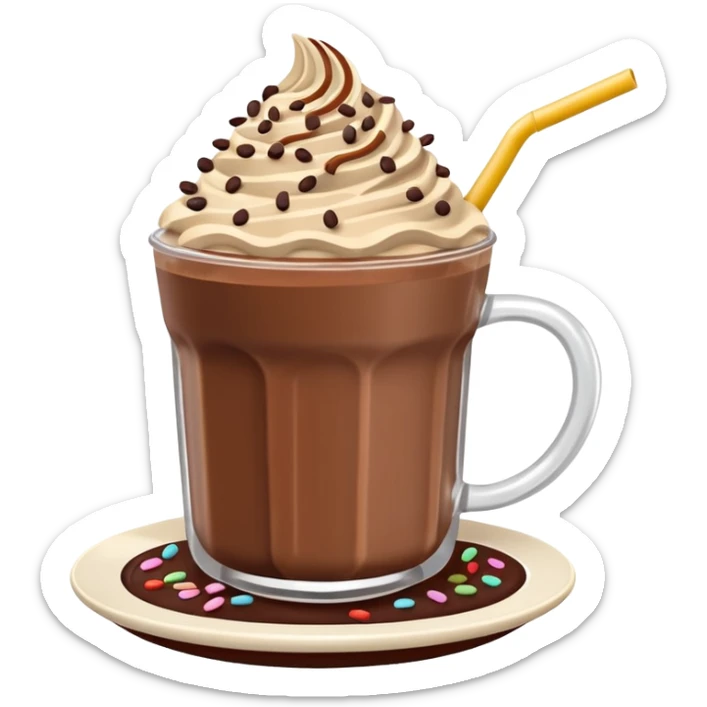 Chocolate mocha frappe latte chai latte drink dessert pudding with a straw and yummy chocolate sprinkles and a chocolate bar plate dipped into it with white cream sticker