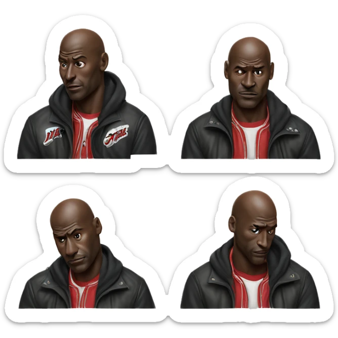 Michael Jordan in a jacket holds his head and is sad photorealistic serious sticker