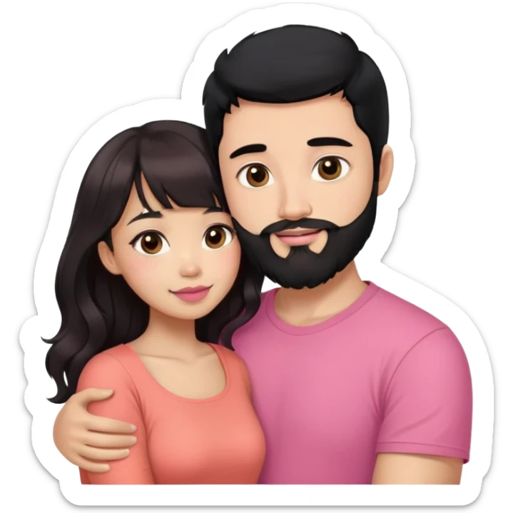 handsome light skin asian man with black hair and beard, hugging cute woman with light tan skin, big black eyes, long wavy reddish brown hair, bangs, pink top, coral lipstick sticker