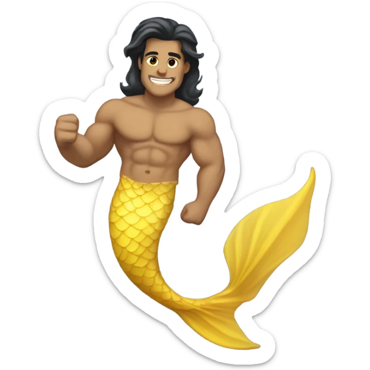 Tan muscular merman with yellow mermaid tail and dark hair sticker