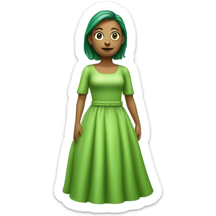Crie uma ilustração 3D de um O personagem com vestido verde, cabelos curtos e liso, pele clara, olhos levemente
puxados. sticker