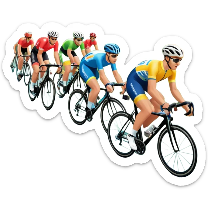 A dynamic icon of a professional cycling race. Cyclists in colorful jerseys speed along a winding road, their bikes leaning into the turn. The background showcases rolling green hills, a bright blue sky, and cheering crowds along the roadside. The scene radiates energy and motion.  sticker
