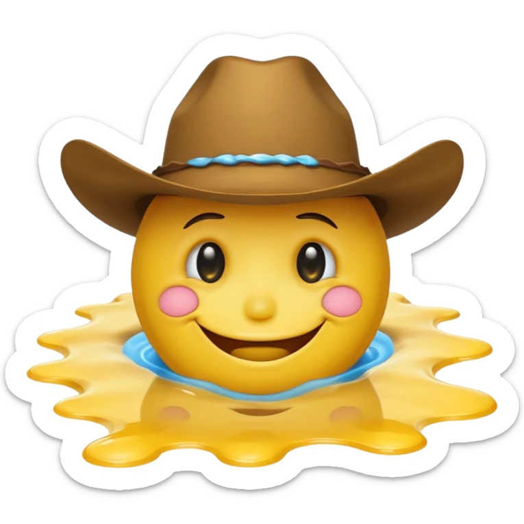 A yellow smiley face melting into a puddle. 

The eyes and mouth slip down the face, yet still maintain a distorted smile. The face is wearing a cowboy hat. sticker