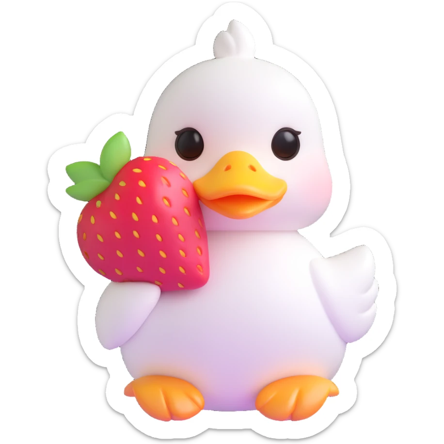 cute white duck with a strawberry-shaped shoulder bag, kawaii 3D style, pastel colors, big shiny eyes, soft lighting, chibi aesthetic sticker