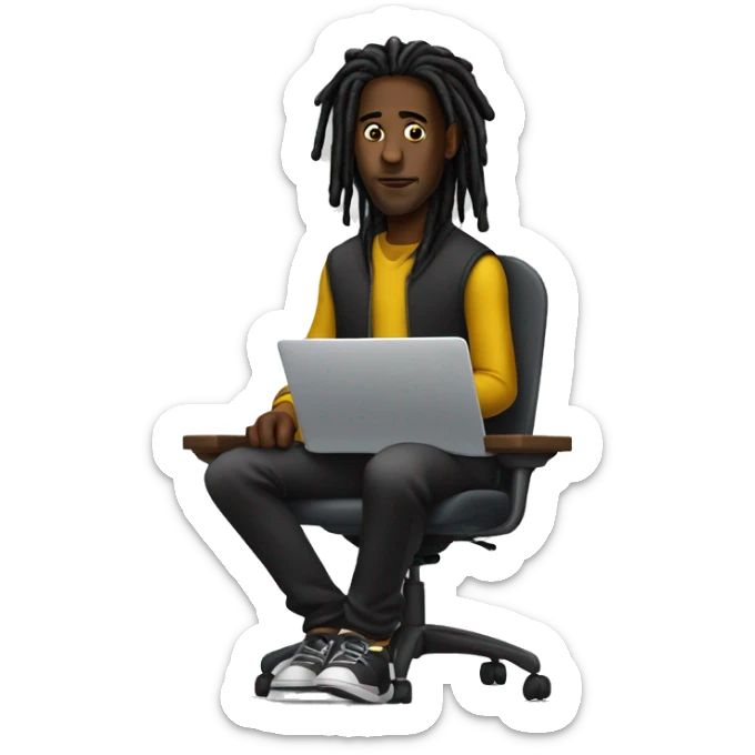 Black-guy-with-dreads-wearing-black-trackstuit-sitting-down-on-chair facing-foward-focused-on-laptop-computer- sticker
