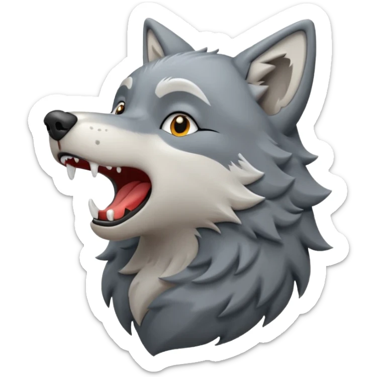 emoji of a wolf howling, head tilted upward with open mouth, small sound lines near the mouth to show the howling action, simple cartoon style sticker