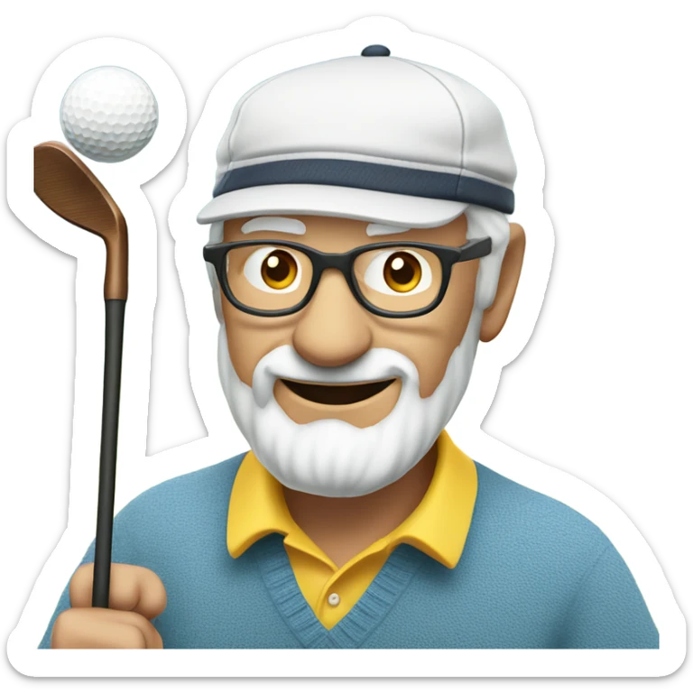 smiling elderly man in glasses swinging a golf club and wearing a cap sticker