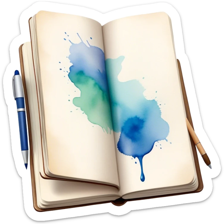Cinematic Realistic image of an open sketchbook accompanied by a set of translucent watercolors, with delicate pigment stains and soft, flowing brushstrokes, captured under gentle, diffused lighting that highlights creative fluidity sticker