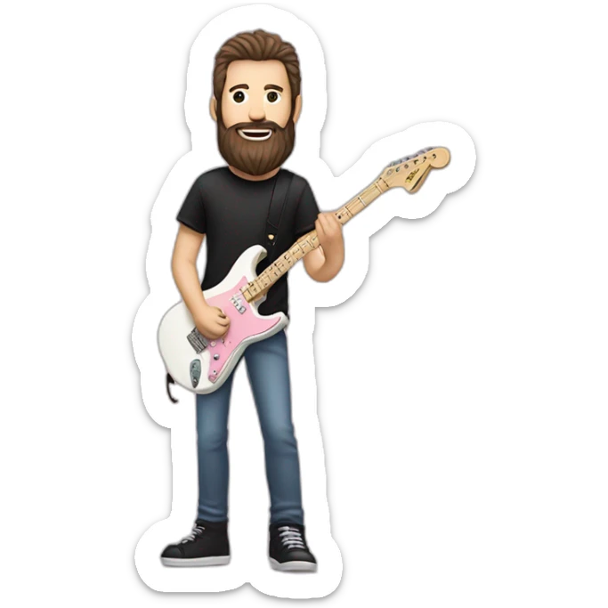 white man with dark beard and black t shirt and pastel pink stratocaster electric guitar sticker