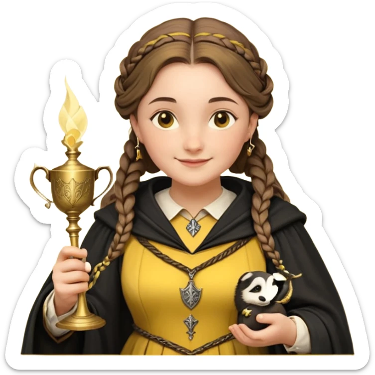 Helga Hufflepuff,the Hogwarts founder of Hufflepuff,brown-haired,2braids,yellow-black medieval dress with black cloak decorated with gold braiding,flickering magic wand and tiny two-handled shiny gold cup engraved with the badger silhouette,very kind smile,curvy busty sweet sticker