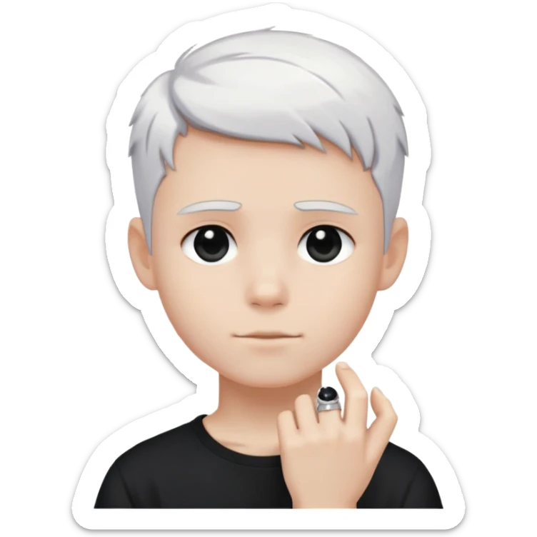 just a boy with TOTALLY WHITE SHORT HAIR (pure white like paper or snow, not gray, not blonde), wearing dark t-shirt, silver ring with black stone sticker