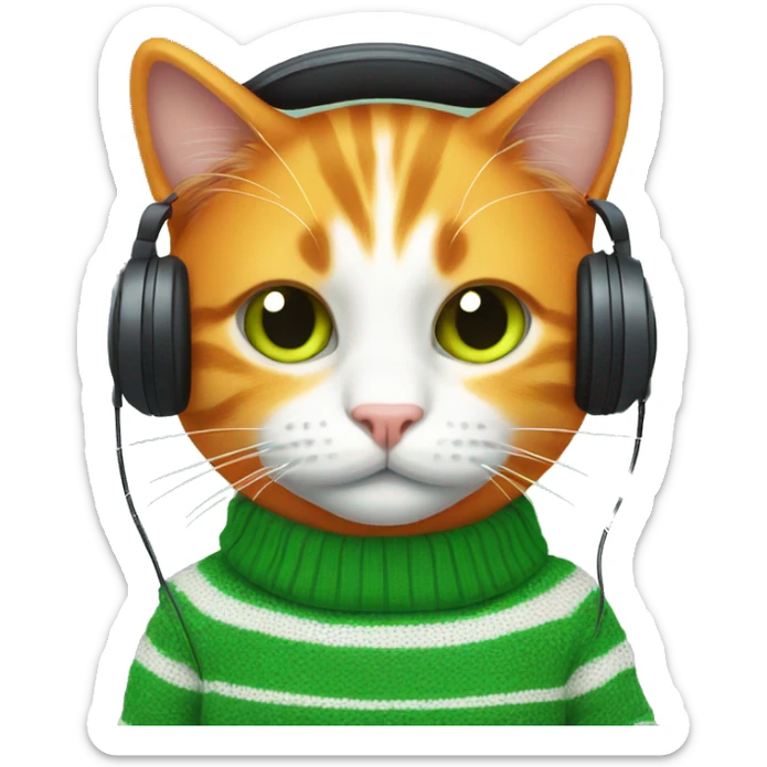 Orange cat wearing green and white stipe sweater and headphones sticker