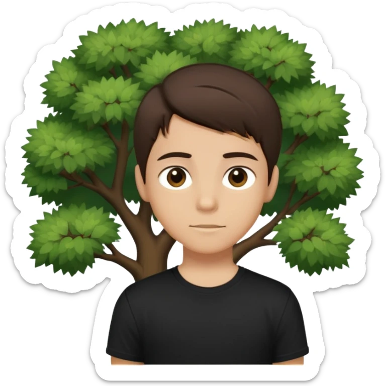 boy with straight short brunette hair brown eyes black tshirt on and tree behind sticker