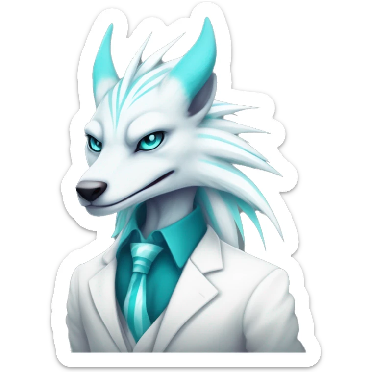 White elegant beautiful natural cute badass epic anthro modern albino sergal-vernid-Fakémon with cyan mane, with cyan edgy stripes, anthropomorphic, two-legged, digitigrade, full body sticker