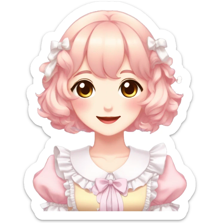 Gorgeous anime style lady blushing face maid outfit Lolita idol model colorful shiny sparkle kawaii pastelcore cottagecore pearly petite simplistic aesthetic trending style sticker