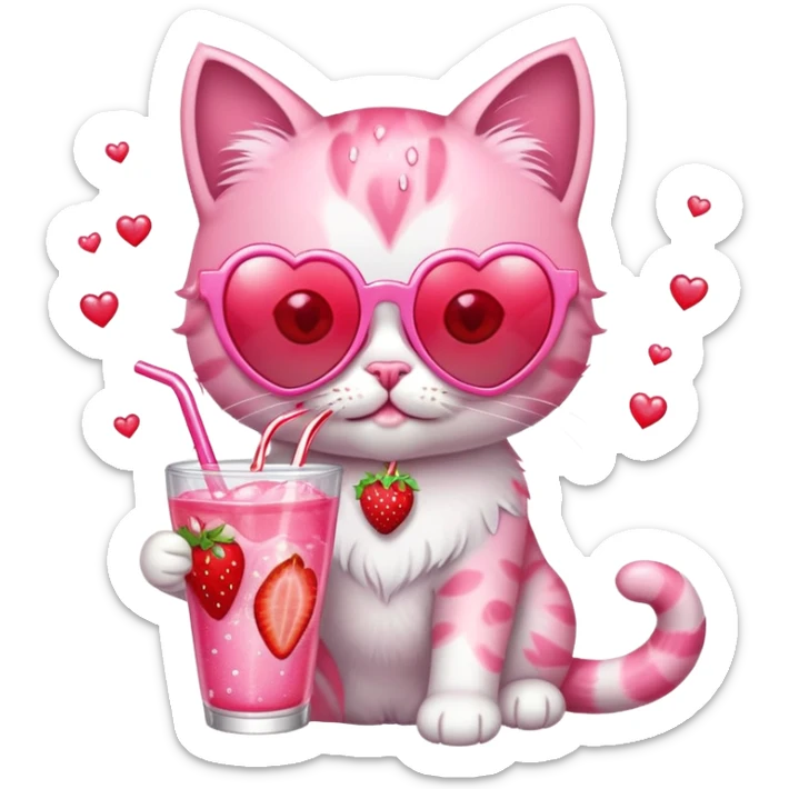 A bubblegum pink kitten with heart-shaped sunglasses, sipping a strawberry soda, surrounded by sparkles and summer vibes. sticker