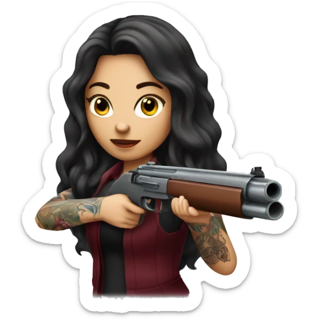 Beautiful tattooed burgundy long haired woman shooting a gun sticker