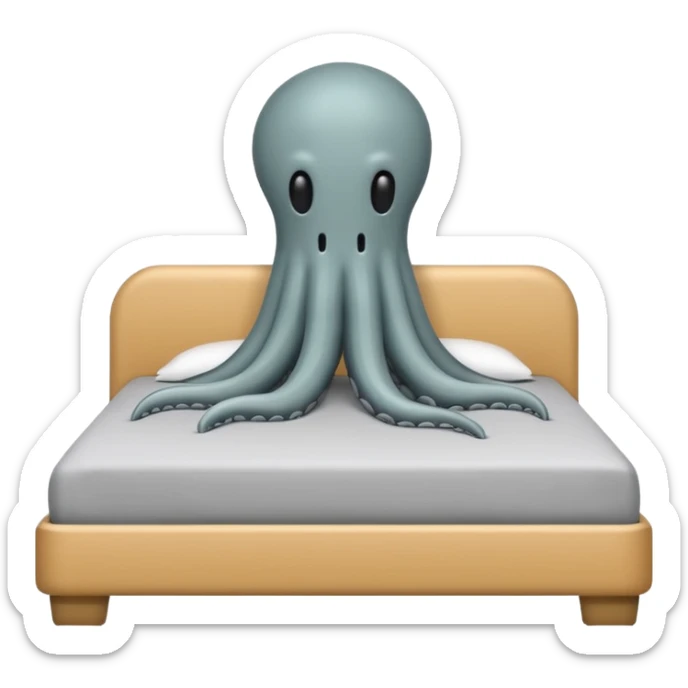Minimalist emoji-style sticker of a bed with a covered figure and something strange peeking out from underneath. Grayscale only, simple icon.

 sticker