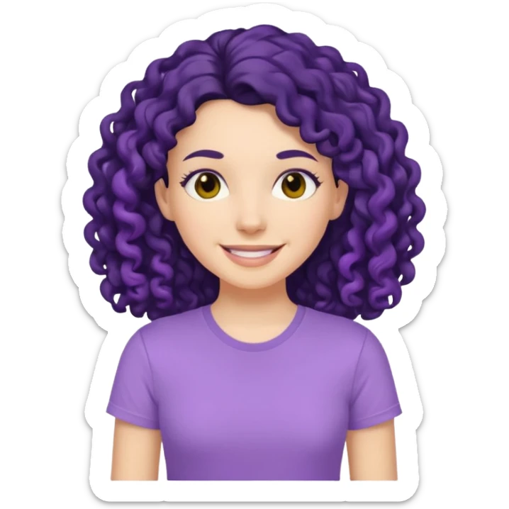 mujer blanca con cabello largo rizado negro sonriendo con camiseta lila sticker