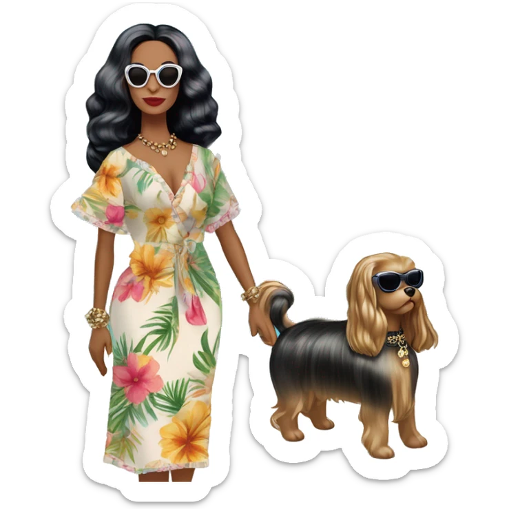 Palm Beach Breeze Barbie Wednesday Addams ,walking by the pool, white skin, full body visible, wavy hair,handbag, aloof,eyeshadow,earrings,open flowing floral caftan,small 2 piece, sunglasses on top,heels,holding yorkie Miss Thang sticker