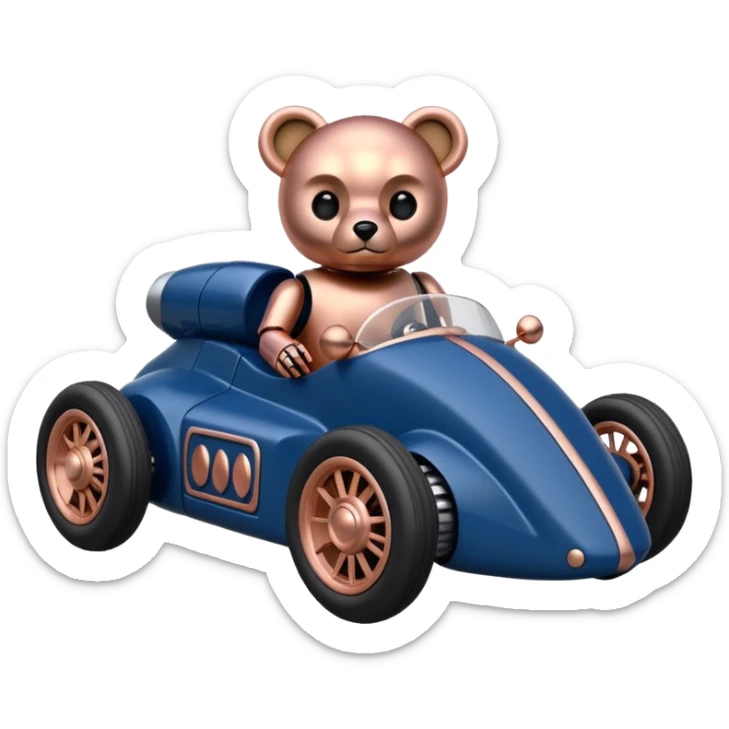 Real-proportional dark blue and rosegold-accented  retro racing car driven by furry-faced small evil alien scary robot teddy bear with rear spoiler (Star Wars style) sticker