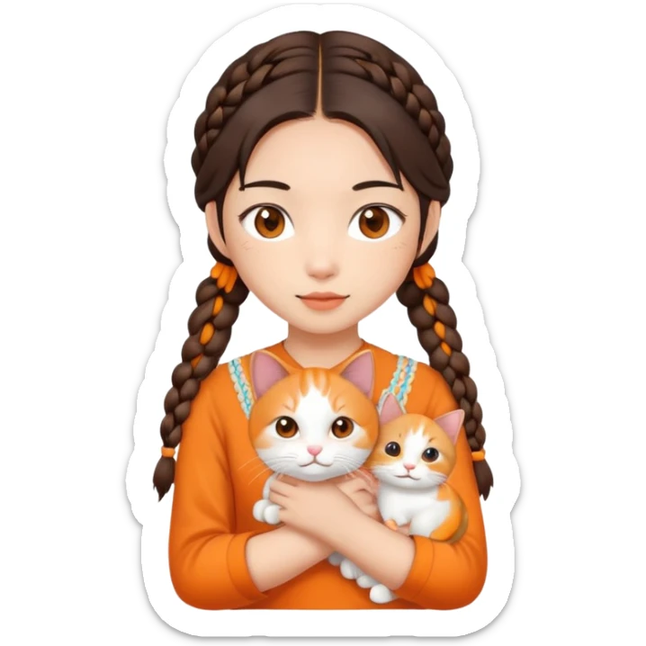 brunette asian girl with 2 braids holding a orange & white cat sticker