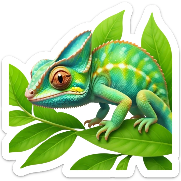 cinematic cute-smiling baby chameleon-realistic emoji,-blending-with-vibrant-greenery.-detailed-scales-in-shifting-colors,-showing-the-chameleon’s-ability-to-camouflage.-soft-natural-light-highlights-its-texture.-nature-background, zoomed into its face sticker