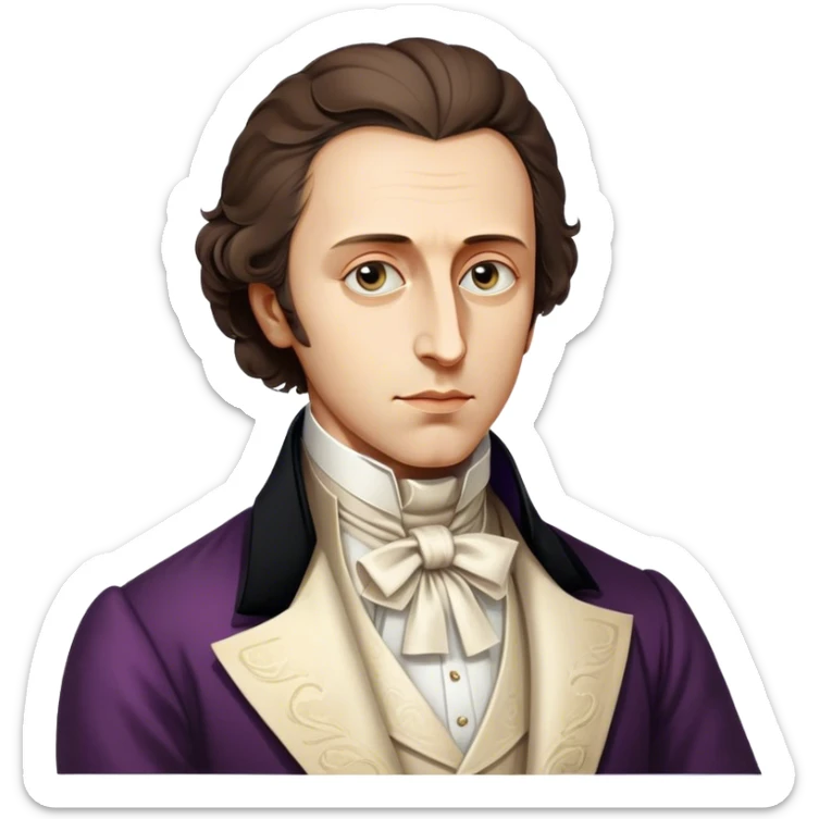 Cinematic Realistic Chopin Portrait Emoji, depicted as an introspective composer with expressive eyes and period attire, rendered with rich textured detail and soft classical lighting that captures his emotive musical genius. sticker