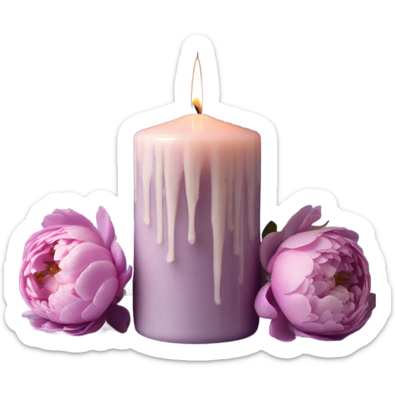 A vintage-inspired lilac candle with melted wax drips, surrounded by a bouquet of pastel peonies. sticker