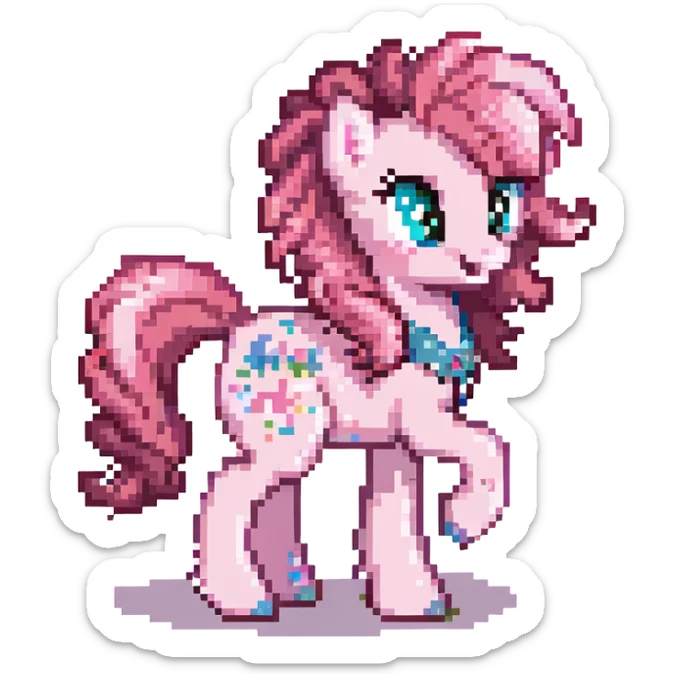 Pinkie Pie from My Little Pony, pixel art style, simplified features, pink color, curly mane and tail sticker