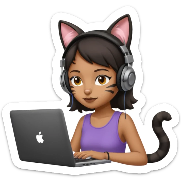 black girl who works remotely through a laptop with cat ear headphones sticker