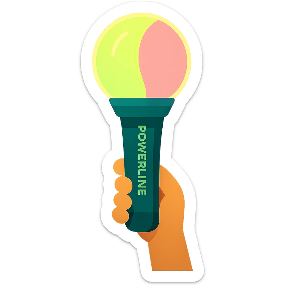 green and pink K-Pop lightstick with the keyword 'POWERLINE' on the handle, glowing, held up in a crowd at a concert, vibrant lighting sticker