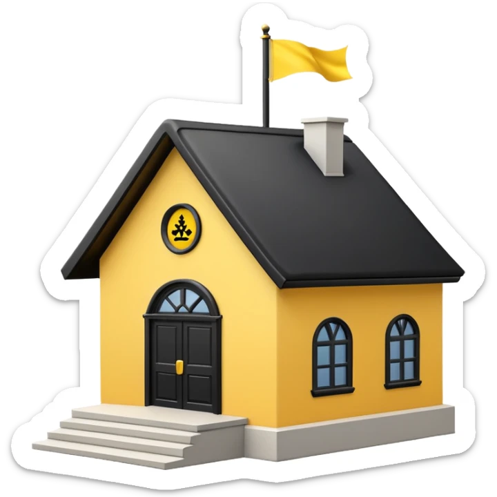 simple school, white background, magic school, black roof, with a big flag, big flag on a roof, big yellow flag, white school sticker