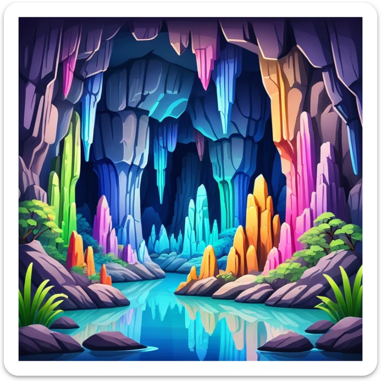 Reed Flute Cave Guilin with colorful lighting, simplified emoji style with bold outlines and bright colors, cartoon style cave with stalagmites sticker