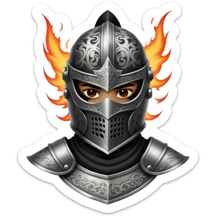A masked knight with intricate black engravings on his steel helmet, eyes glowing with fury sticker
