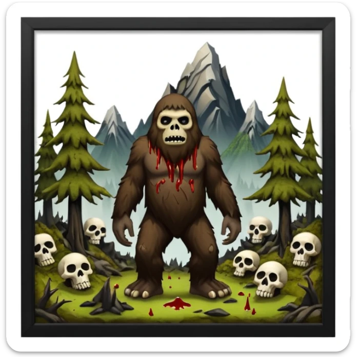 Creepy Alaskan sasquach woods make the trees smaller and covered in moss with skulls coming out of the ground and blood dripping mountains in the back ground  sticker