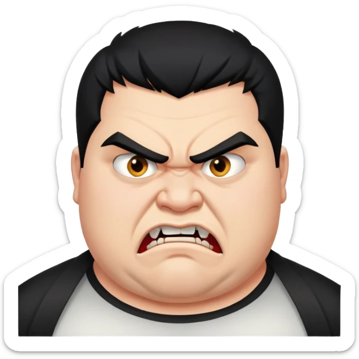 young angry fat man in profile view with black hair, fangs, crossed eyes sticker