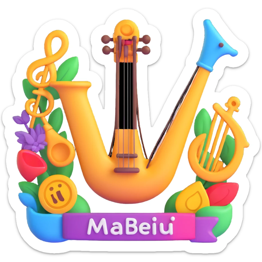 A 3D emoji with a lyre as the focal point, surrounded by lively, colorful shapes and diverse artistic icons, featuring the text "МБУ центр досуга", in the style of Microsoft's 3D Fluent Emojis. sticker