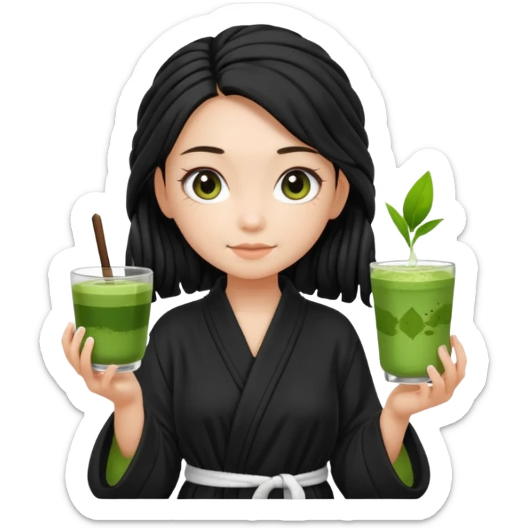 Fair skinned girl, black one braid hair wearing black bathrobe, holding a matcha sticker