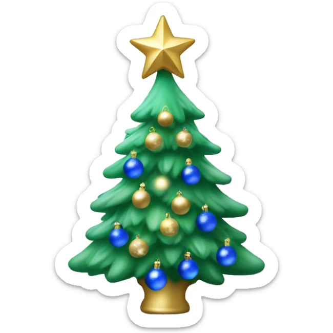 Green Frosted Christmas tree with blue bulbs & white bulbs with gold star on top sticker