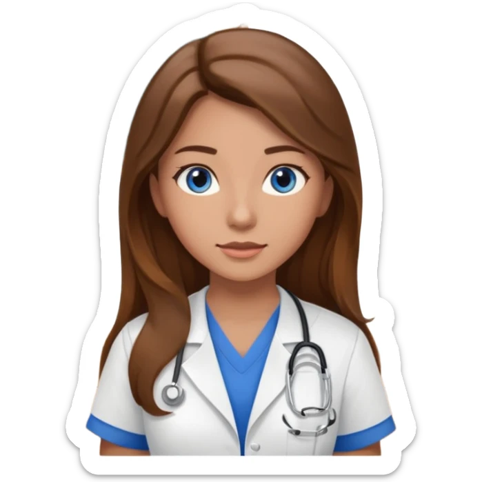 pretty female nursing student with long brown hair, blue eyes inside a classroom at university sticker