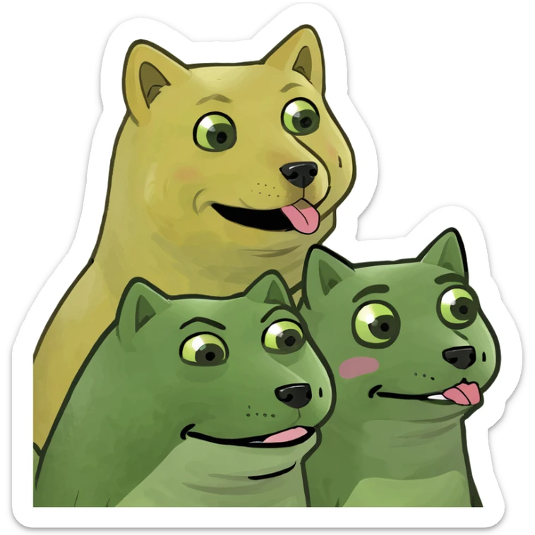 group emoji: yellow Doge, Pepe, and ChillGuy together, all holding 'ByteNova' text, fun meme mashup sticker