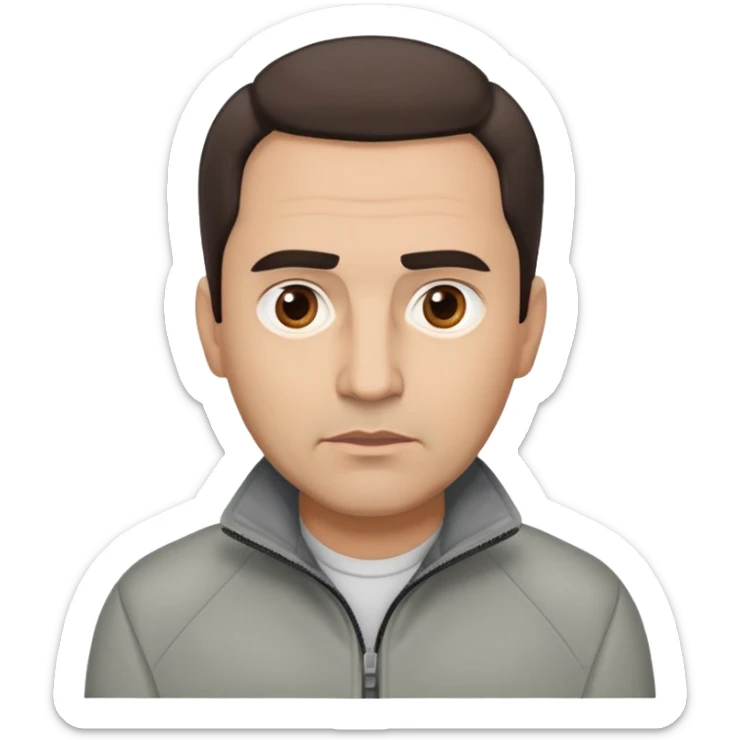 Hispanic actor in his 50s with light skin, round face, wide jaw. Lively brown eyes, thick eyebrows. Short brown hair with receding hairline. Neutral-serious expression. Wearing a casual gray jacket. sticker