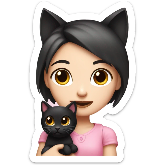 Cute white pink girly girl emoji holding black cat  sticker